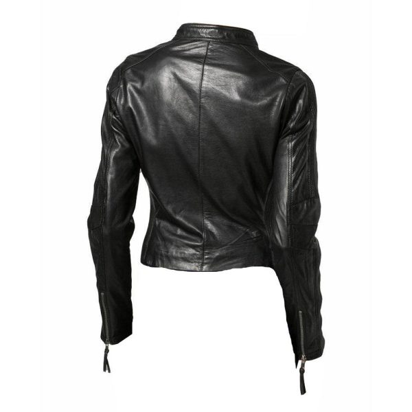 Women’s Cropped Café Racer Leather Jacket With Band Collar - Image 2