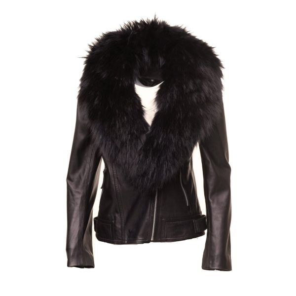 Women’s Leather Jacket With Large Black Fur Shawl