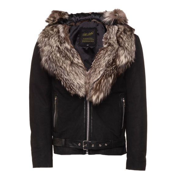 Allen Black Nubuck  Leather jacket with Real Fox Fur on collar and hoodie