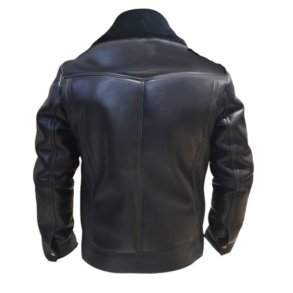 Black Trucker Style Shearling Jacket - Image 4