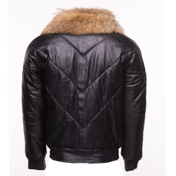 Black V-Bomber style Puffer Winter Leather Jacket with fur collar - Image 2