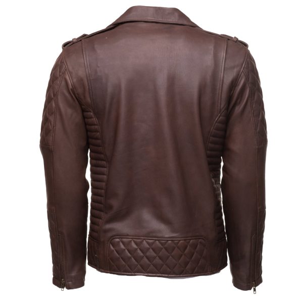 Brown Quilted Biker leather jacket with diamond stitching details - Image 2