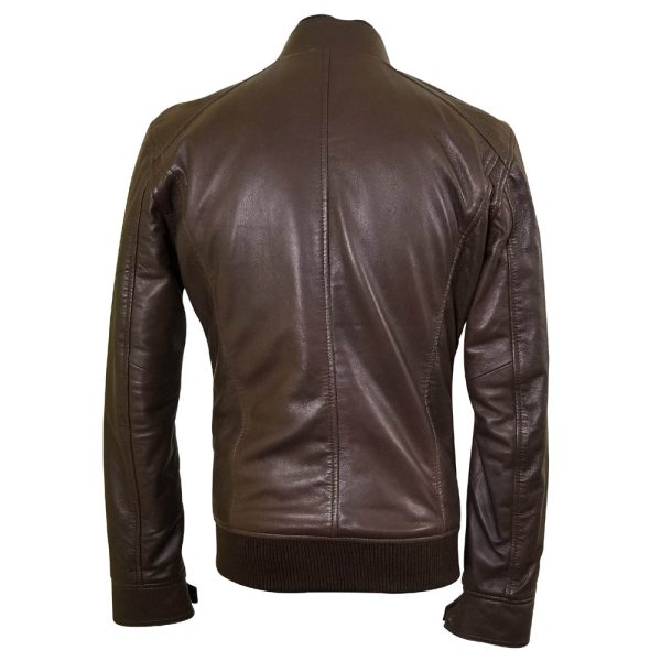 Brown leather jacket with straight ribbed collar, cuffs and hem - Image 2