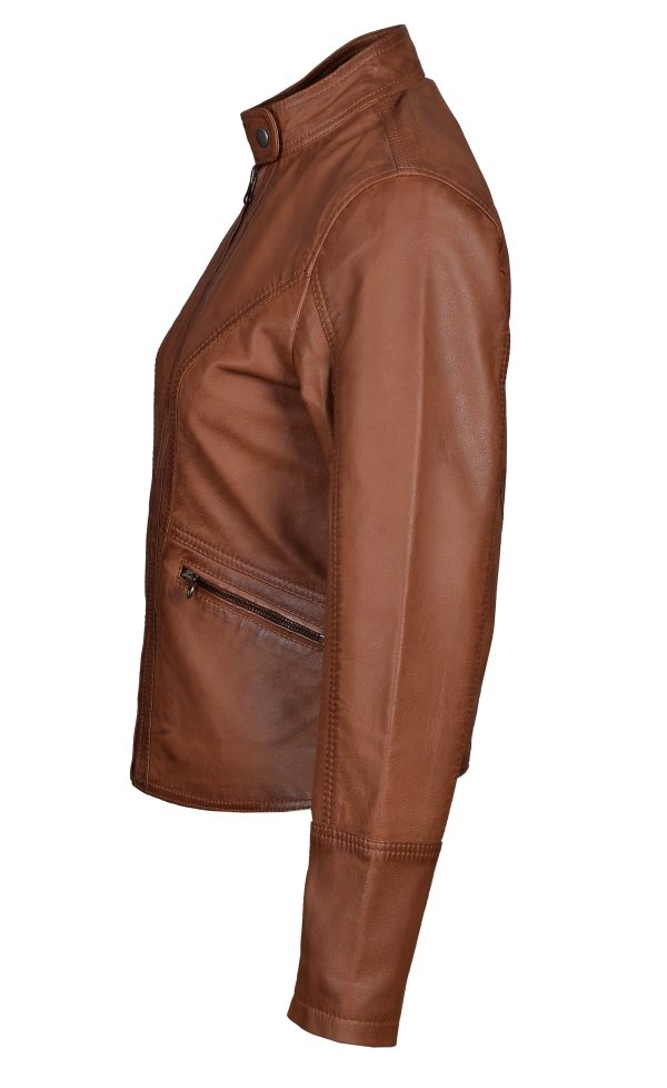 Dione’s Moto Style Sand Washed Leather Jacket With Buttoned Collar - Image 3