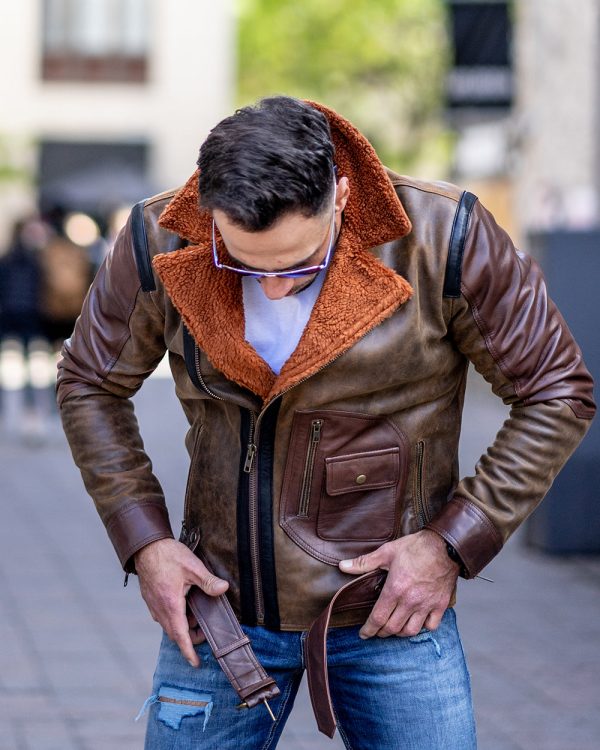 Vintage Brown Sherpa lined Leather jacket with D pocket - Image 2