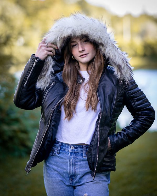 Larissa's Black Leather Jacket with Hoodie and Fur Trim - Image 3