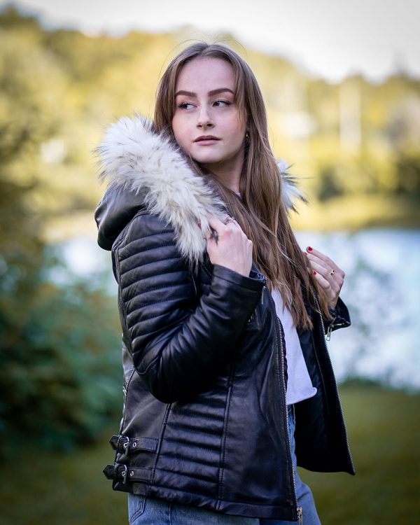 Larissa's Black Leather Jacket with Hoodie and Fur Trim - Image 4