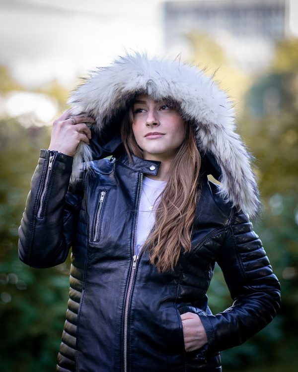 Larissa's Black Leather Jacket with Hoodie and Fur Trim - Image 5