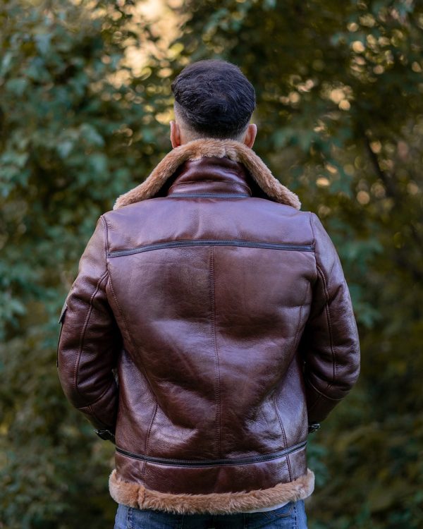 Esa Brown Bomber Sheepskin Shearling Jacket with large pockets - Image 5