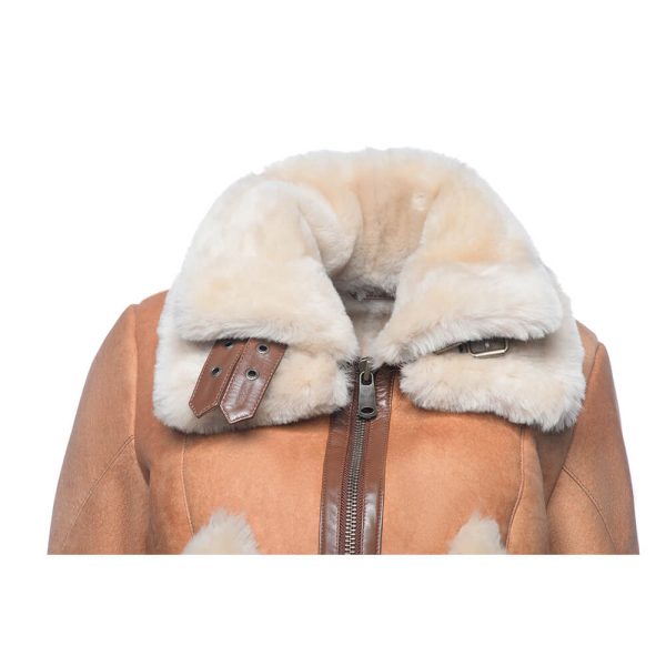 Kristy Vintage Cognac Womens Crop Shearling Bomber Jacket - Image 7