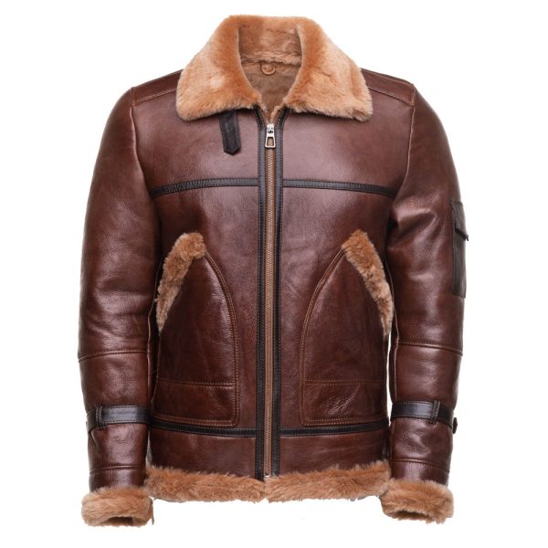 Esa Brown Bomber Sheepskin Shearling Jacket with large pockets