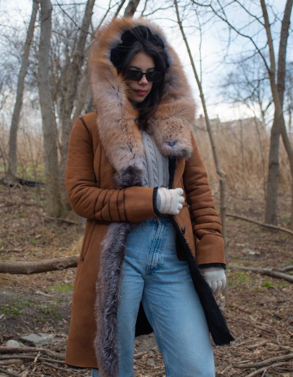 Chantal's Tan Shearling coat with large fox fur hoodie and trim - Image 5