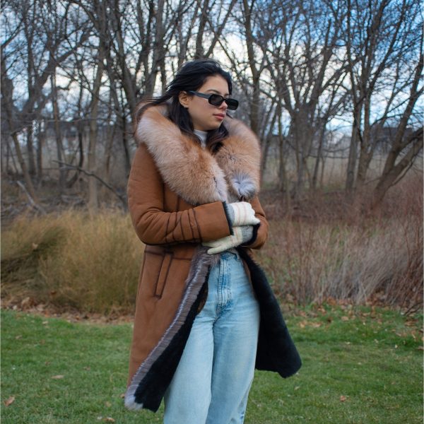 Chantal's Tan Shearling coat with large fox fur hoodie and trim - Image 3