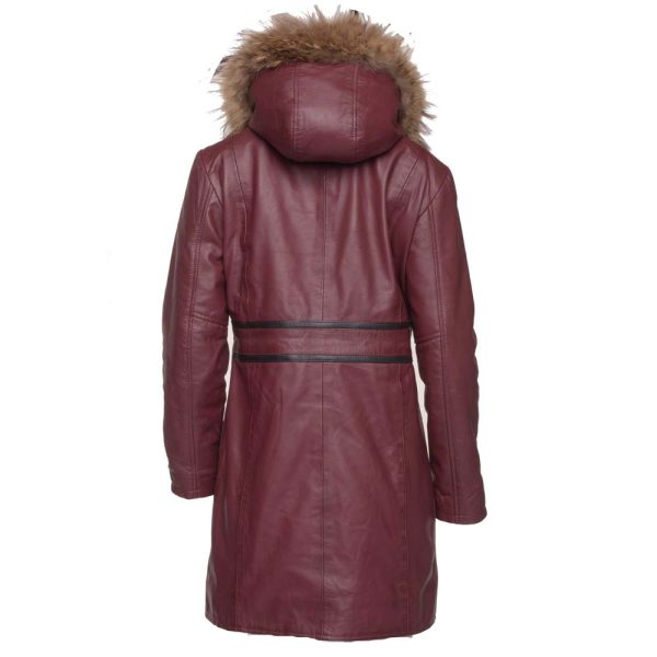 Hannah's Burgundy 3/4 length Double breasted leather jacket with real fox fur hoodie - Image 2