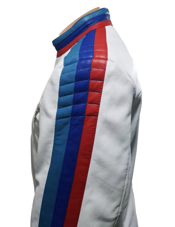 BMW white motorcycle jacket with red and blue stripes and armor protection - Image 3