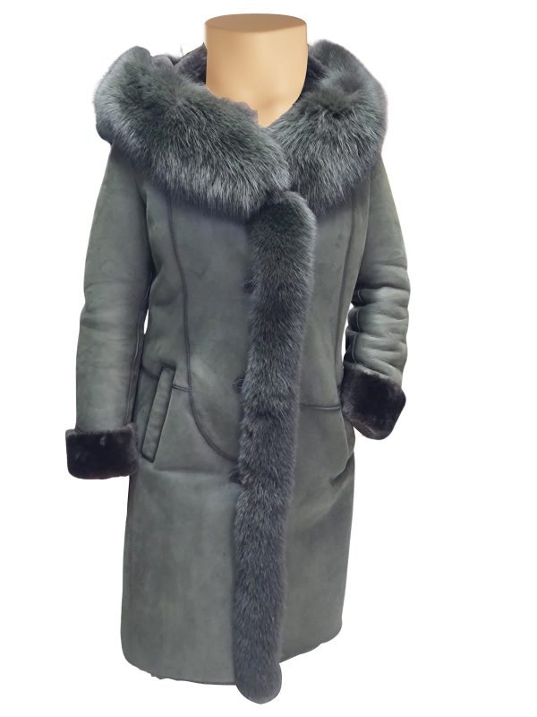 Pheobe's Grey Hooded Suede Shearling Jacket with fox fur - Image 3