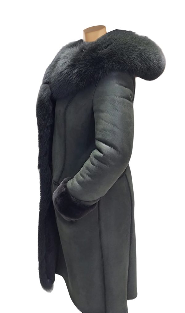 Pheobe's Grey Hooded Suede Shearling Jacket with fox fur - Image 4