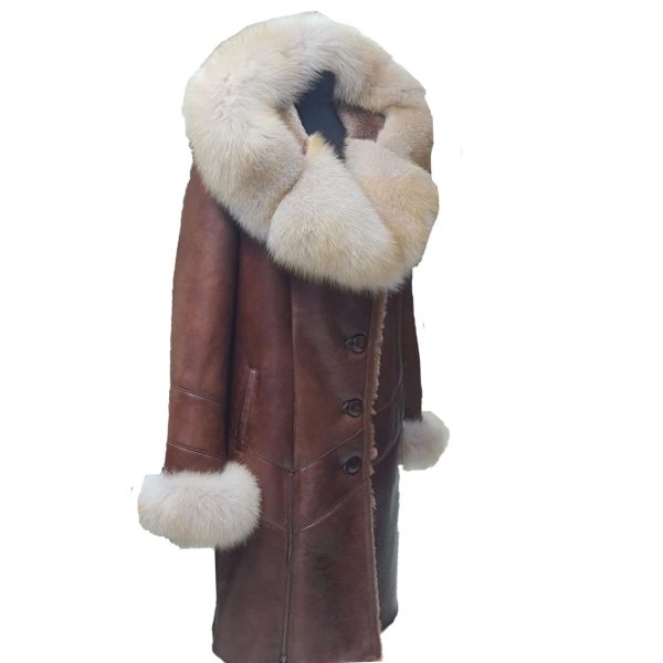 Burnett Brown Shearling coat with large fox fur hoodie and trim - Image 2