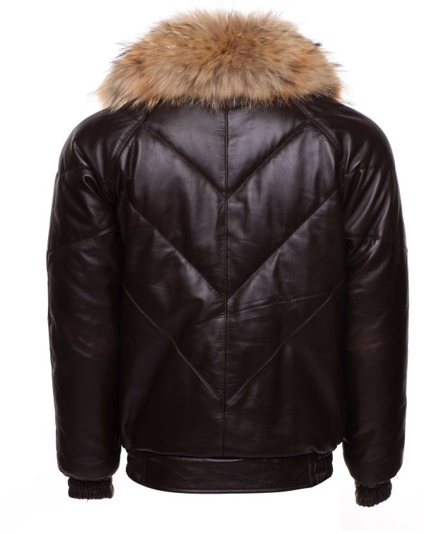 Brown V-Bomber style Puffer Winter Leather Jacket with fur collar - Image 6