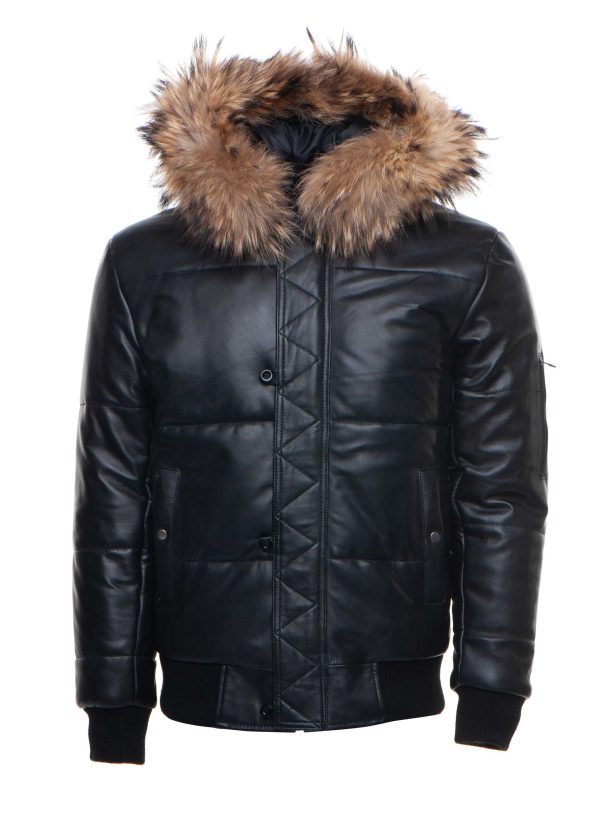 Traynor's Puffer Winter Leather Jacket with ribbed cuffs and waist and fur trim hoodie - Image 4