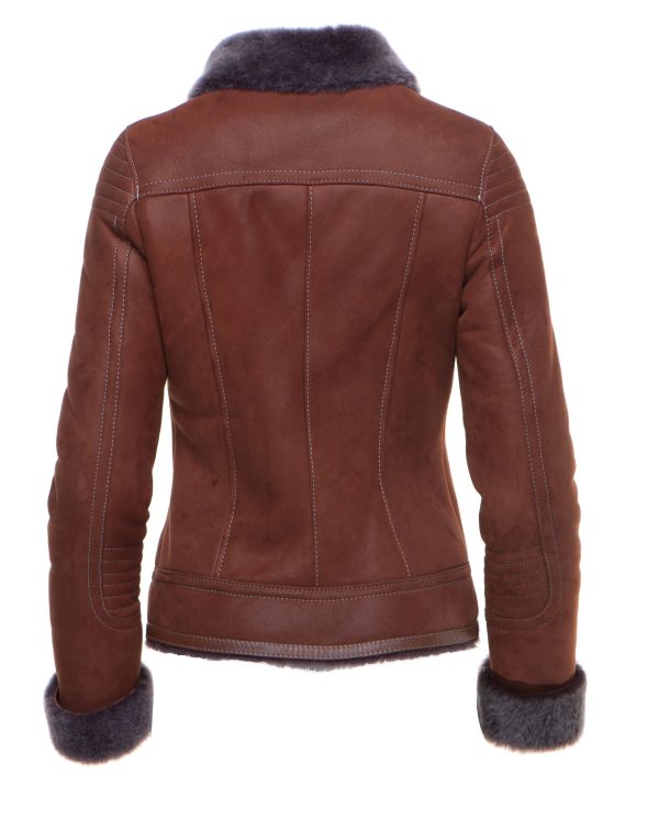 Reyna's Tan Sheepskin Shearling B-3 Bomber Style Jacket - Image 3