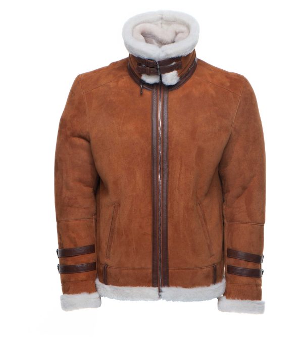 Hagan's Tan Aviator bomber Suede shearling jacket - Image 3