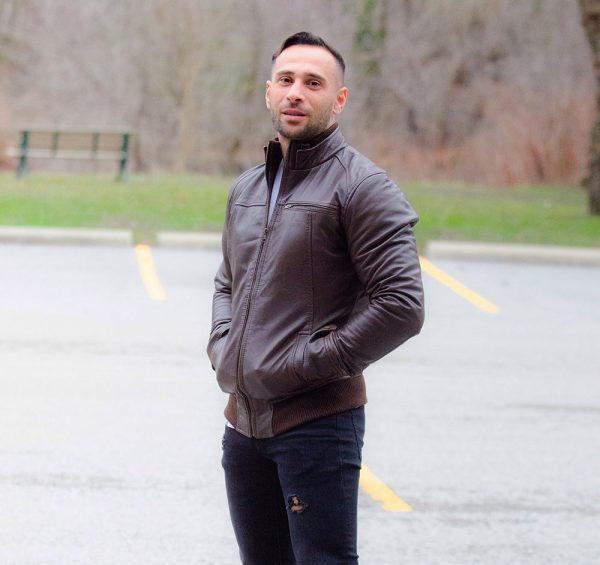 Brown leather jacket with straight ribbed collar, cuffs and hem - Image 3