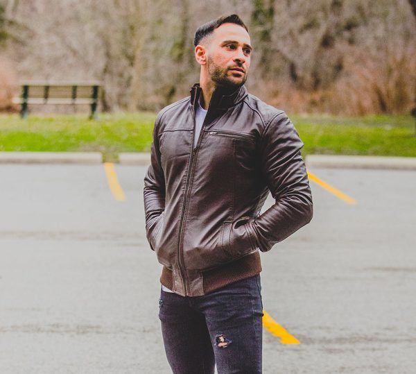 Brown leather jacket with straight ribbed collar, cuffs and hem - Image 4