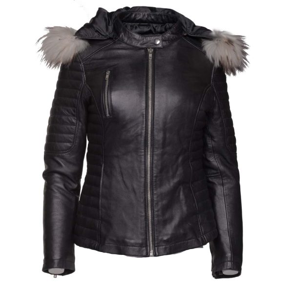 Larissa's Black Leather Jacket with Hoodie and Fur Trim