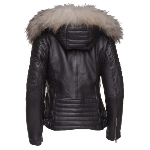 Larissa's Black Leather Jacket with Hoodie and Fur Trim - Image 2