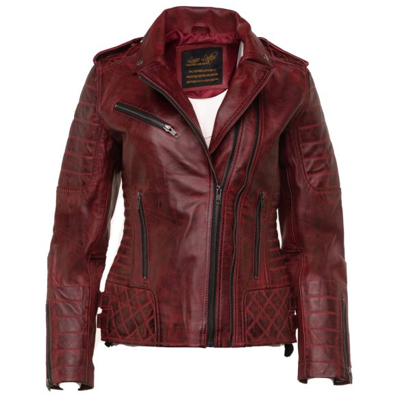 Marissa's Antique red diamond quilted leather jacket with double zipper