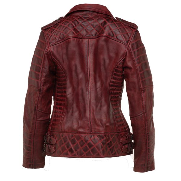 Marissa's Antique red diamond quilted leather jacket with double zipper - Image 2