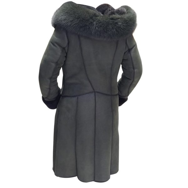 Pheobe's Grey Hooded Suede Shearling Jacket with fox fur - Image 2