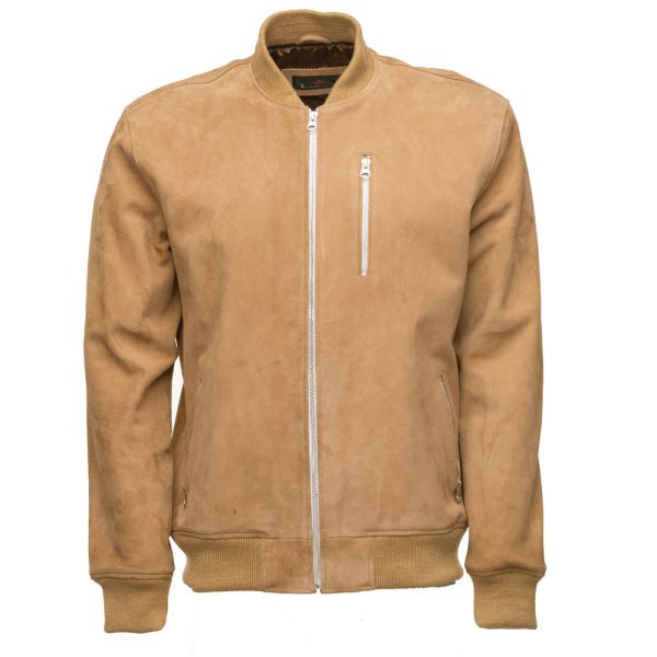 Sandy Beige Suede Bomber leather jacket with ribbed cuffs