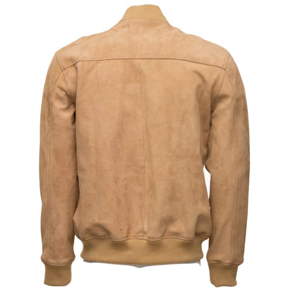 Sandy Beige Suede Bomber leather jacket with ribbed cuffs - Image 2