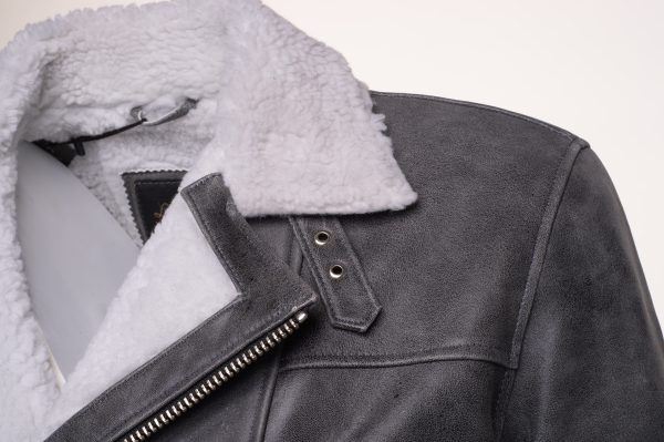 Vintage Grey Biker Leather jacket with Sherpa lining - Image 3