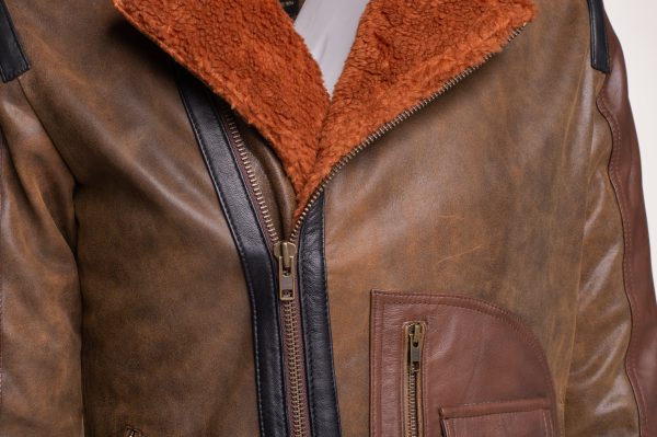 Vintage Brown Sherpa lined Leather jacket with D pocket - Image 5