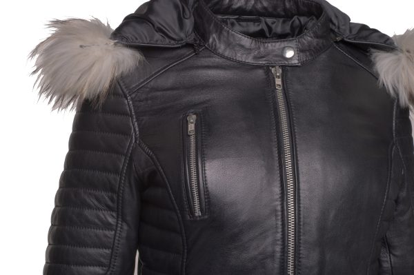 Larissa's Black Leather Jacket with Hoodie and Fur Trim - Image 6