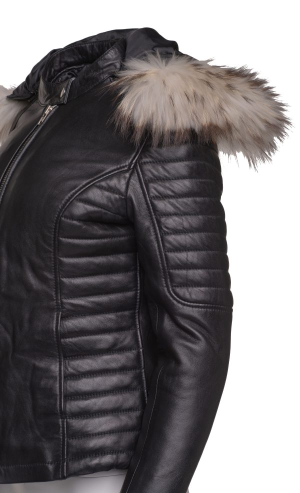 Larissa's Black Leather Jacket with Hoodie and Fur Trim - Image 7