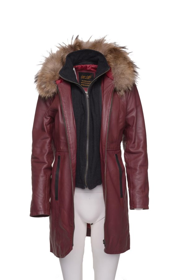 Hannah's Burgundy 3/4 length Double breasted leather jacket with real fox fur hoodie - Image 3