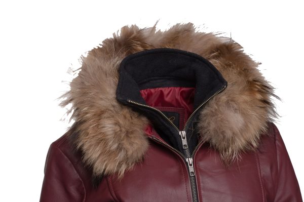 Hannah's Burgundy 3/4 length Double breasted leather jacket with real fox fur hoodie - Image 4