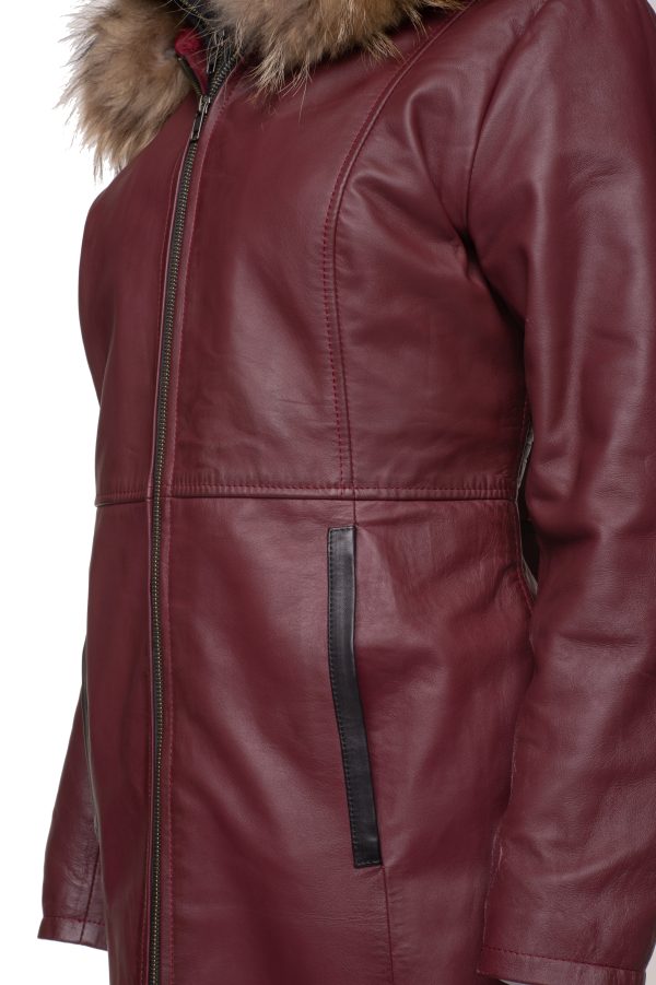 Hannah's Burgundy 3/4 length Double breasted leather jacket with real fox fur hoodie - Image 5