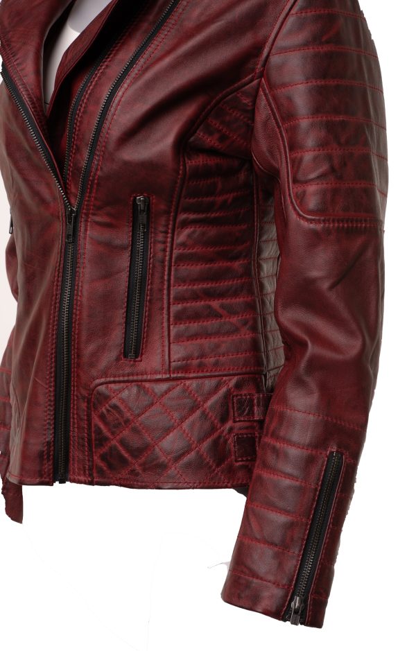 Marissa's Antique red diamond quilted leather jacket with double zipper - Image 4