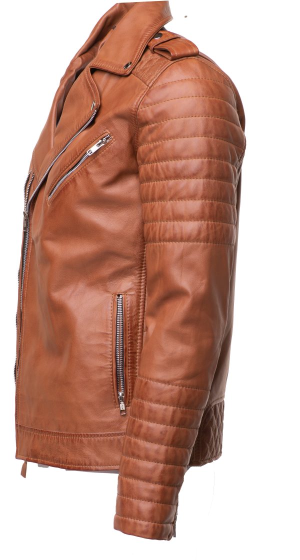 Tan Quilted Biker leather jacket - Image 3