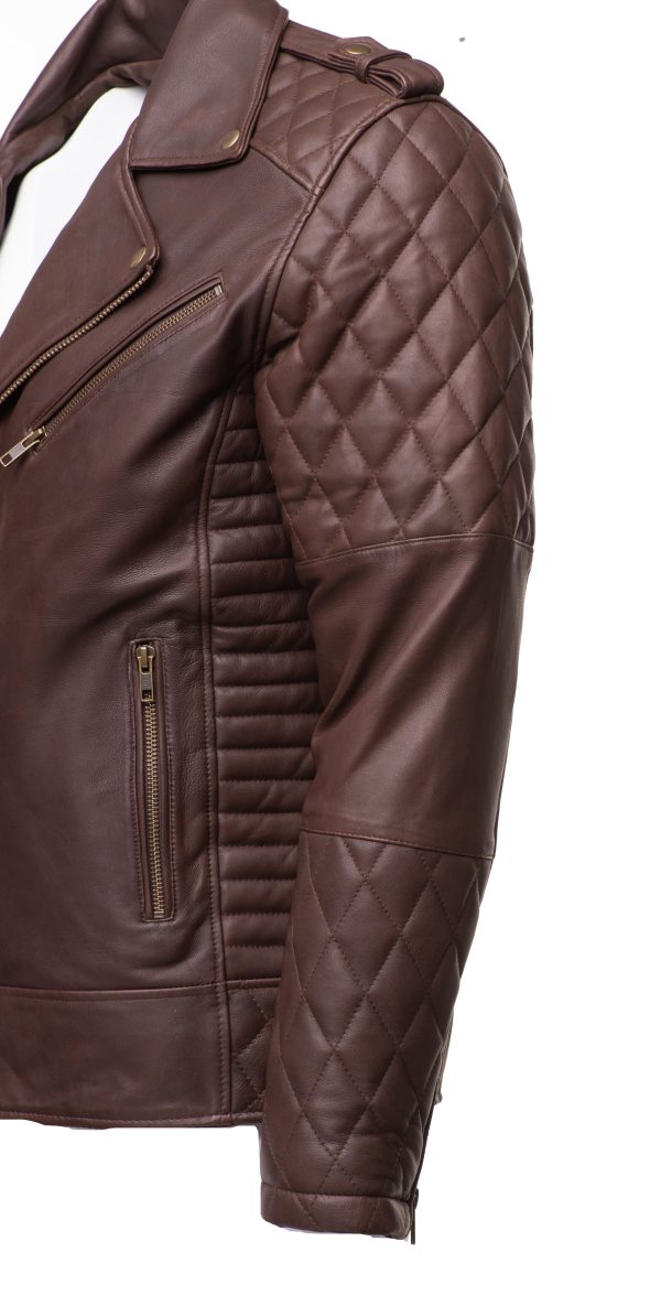 Brown Quilted Biker leather jacket with diamond stitching details - Image 3