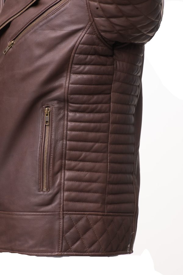 Brown Quilted Biker leather jacket with diamond stitching details - Image 4