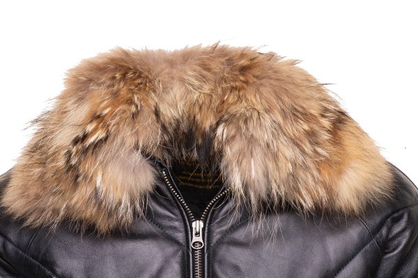 Black V-Bomber style Puffer Winter Leather Jacket with fur collar - Image 3