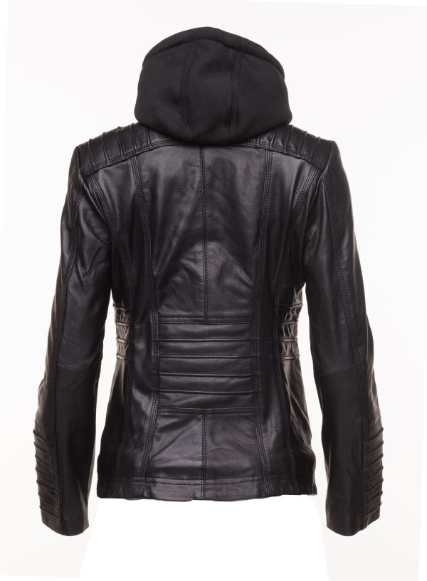 Women's black leather jacket with piping details - Image 3