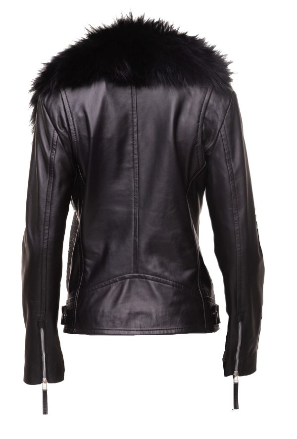 Women’s Leather Jacket With Large Black Fur Shawl - Image 3