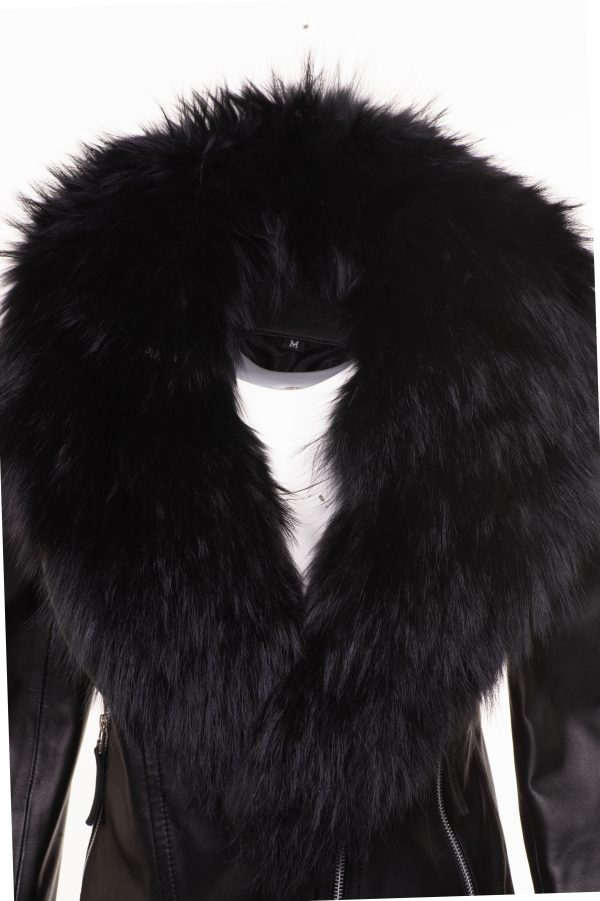 Women’s Leather Jacket With Large Black Fur Shawl - Image 4